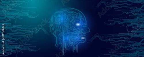 Artificial intelligence. Abstract geometric Human head outline with circuit board blue. Technology and engineering concept background. Vector illustration