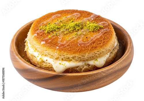 kunafeh cheese pastry with pistachio in wooden bowl