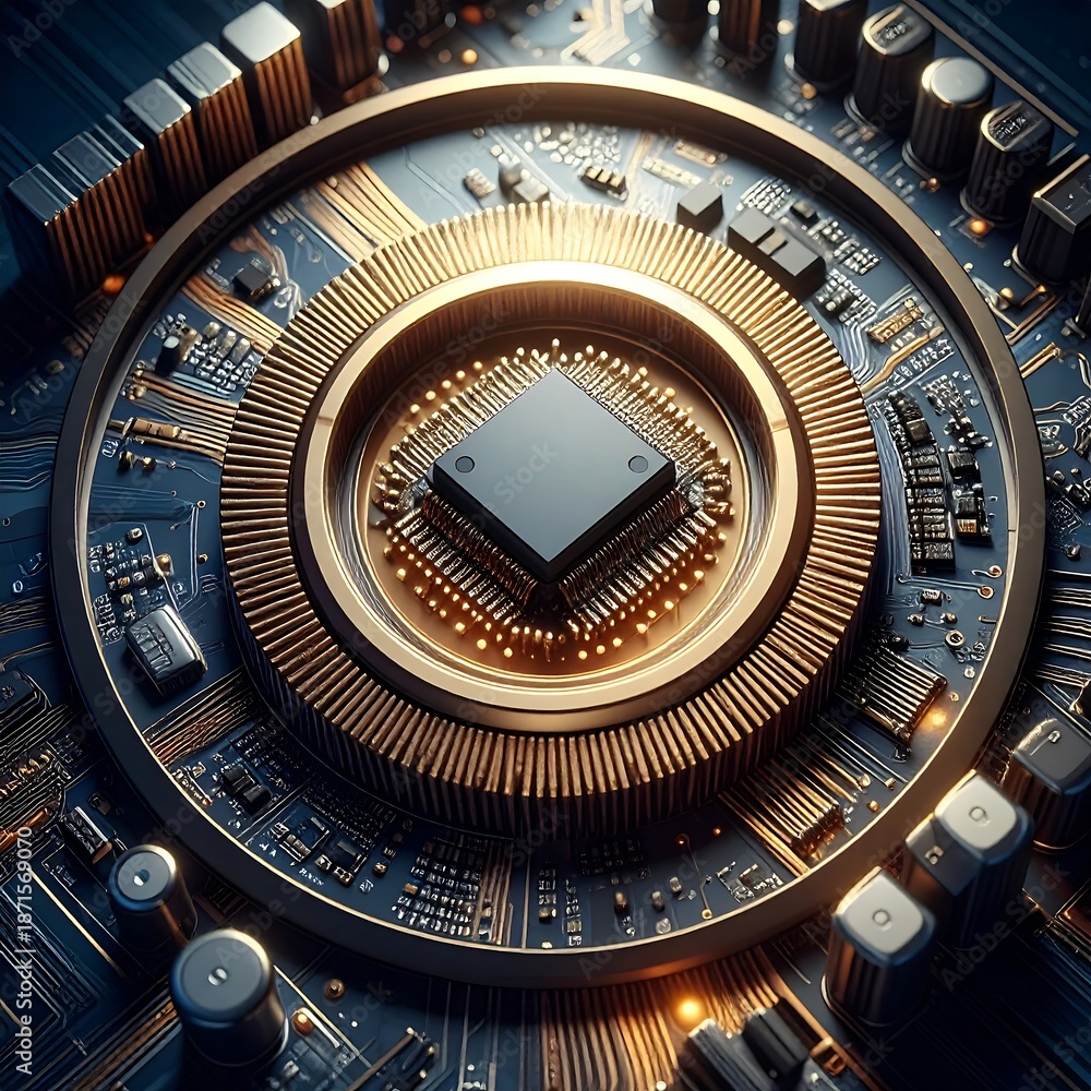 Fototapeta premium Intricate close-up of a computer chip with concentric rings and metallic components; gleaming and complex