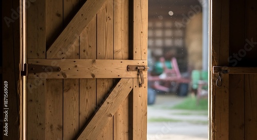 Open wooden barn door overlooking agricultural equipment inside farm