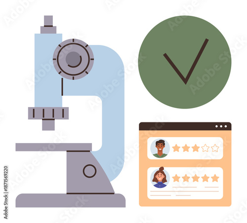 Science, online reviews, quality assurance, user feedback, research tools, expertise measurement. Microscope, user rating interface and check mark. Science and quality assurance visualization