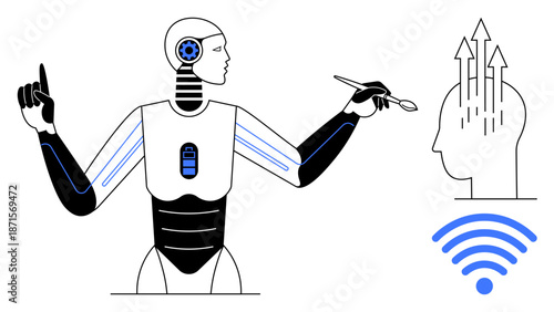 Artificial intelligence theme. Futuristic robot and artificial intelligence explore technology, data sharing, and innovation. Artificial intelligence driving connectivity and advanced human