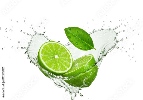 Flawless emerald green persian lime halves generating an energetic splash of viscous neon juice and detailed droplets with a suspended leaf on a white background, concept for extreme flavor dynamics