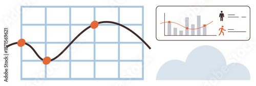 Business growth, data visualization, statistics analysis, performance tracking, trends monitoring, financial progress. Graph line chart with data points and progress analysis metrics. Data