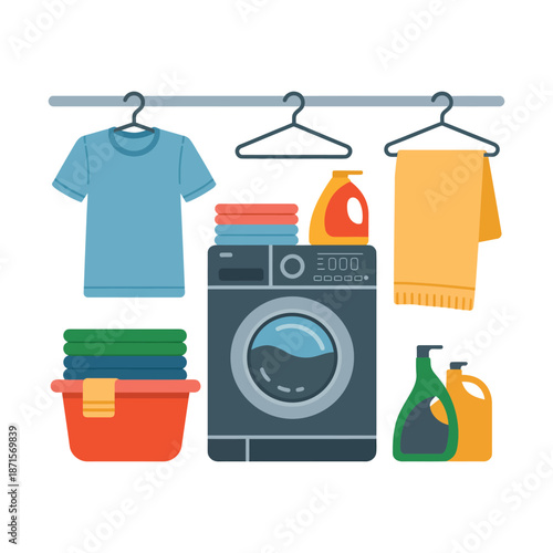 Washing machine with detergents and hanging clothes signifies.