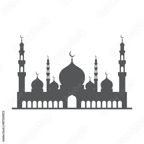 Silhouette illustration of a grand mosque with multiple minarets.