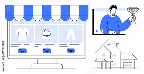 E-commerce store design with shopping cart, man holding trophy in video call for achievement, residential home outline. Ideal for online business, e-commerce, awards, digital success, real estate