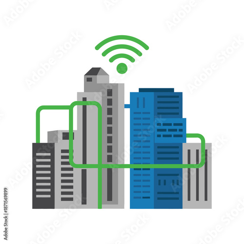 Smart city buildings connect via green wireless network signals.