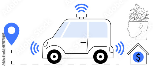 Self-driving car emitting signals, GPS pin on a route, human head with flowers symbolizing creativity, and a house with money. Ideal for innovation, technology, AI, navigation, finance future