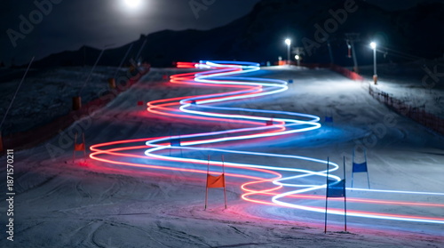 Long exposure night skiing with vibrant blue and red light trails on a slalom slope. Winter sports action on an illuminated mountain under the moon.