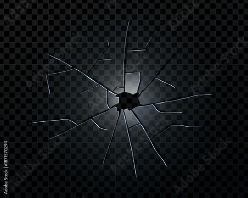 Detailed broken mirror and glass screen effect with a realistic gunshot hole. Transparent isolated shards and fine lines create a vivid texture of vandalism or a smashed window pane.