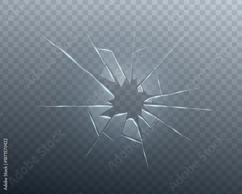 Sharp glass shards and screen break effect with realistic 3d debris and cracks. This design element simulates an explosion or heavy hit on a glass pane, ideal for crime or repair concepts.