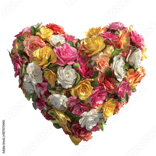 Heart-shaped bouquet made of multicolored roses including white, yellow, pink and orange flowers. Realistic floral element isolated on transparent background. Valentine and springtime celebration
