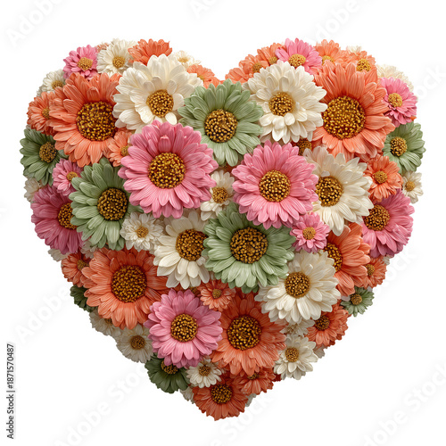 Heart-shaped composition of colorful daisies in pastel tones isolated on transparent background. Realistic floral decoration for Valentine and springtime celebration. Design for greeting card