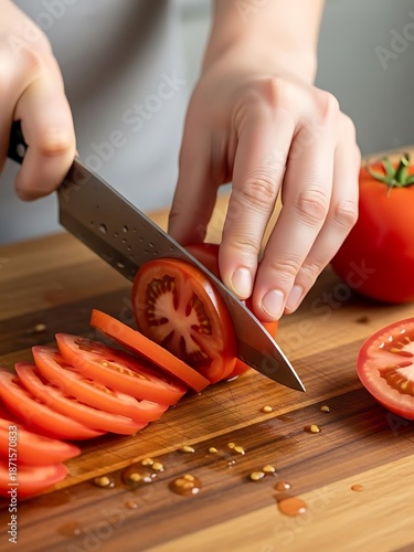 Expert culinary slice technique with fresh tomato on wooden board