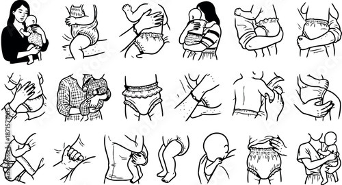 Instructional line art collage showing baby holds diapering breastfeeding burping techniques by mother caregiver in high contrast black white