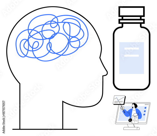 Mental health concept. Human brain with tangled lines thoughts, medication bottle, and medical consultation on screen. Mental health for therapy, neuroscience, online healthcare, pharmacology