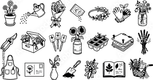 Line art hand drawn garden icons set showing watering can bouquet pruning shears potted plants seed packet gloves