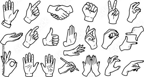 Line art hand gesture icon set close up various palm and finger poses arranged in grid black outline illustration vector collection