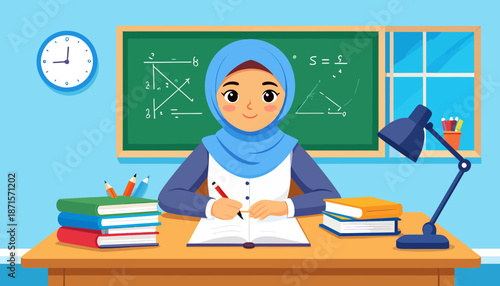Young Muslim woman studying mathematics at her desk with books and a blackboard.