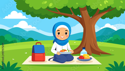 Young Muslim girl having a picnic under a tree in a serene landscape.
