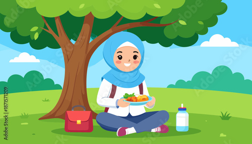 Woman in hijab having a picnic under a tree.