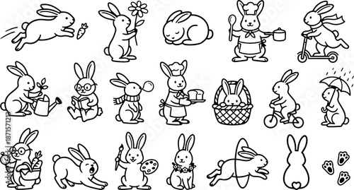 Whimsical kids doodle sheet of playful bunnies in various poses including easter bunny with basket and activities hand drawn quirky