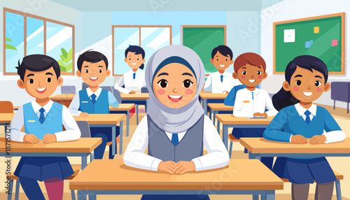 Diverse students in a classroom setting with a female Muslim student in the foreground.