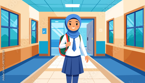 Young Muslim girl in school uniform walking down a school corridor.