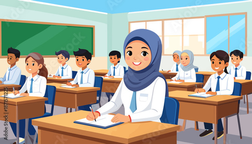 Diverse students and teacher in a classroom setting with desks and chairs.