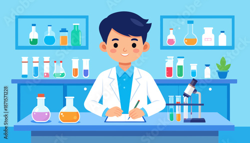 Scientist in lab coat working in laboratory with various equipment and chemicals.