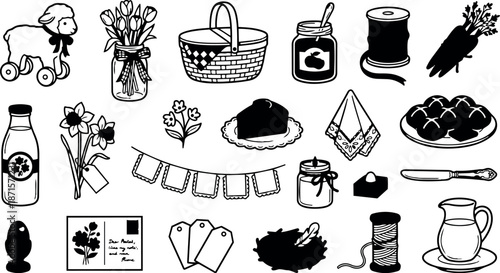 Line art close up of assorted easter icons including lamb toy, tulips, picnic basket, jam jar, nest with eggs, vintage kitchenware