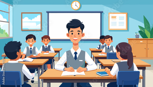 Male teacher smiling in a classroom with students around him.