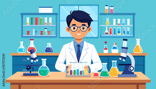 Cartoon scientist working in a laboratory with various equipment and chemicals.