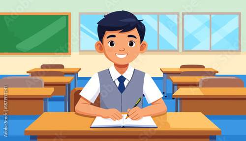 A cartoon boy sitting at a desk in a classroom writing on a piece of paper.