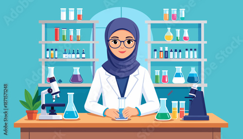 Female scientist working in a laboratory with various equipment and chemicals.