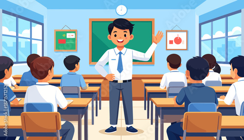 Male teacher explaining lesson to students in a classroom.