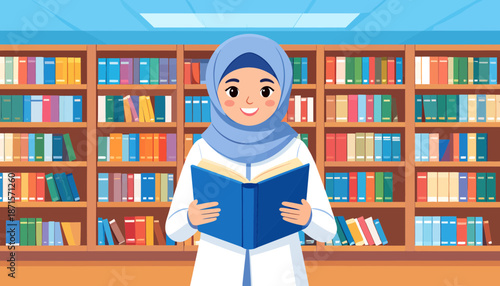 Young Muslim woman reading a book in a library surrounded by bookshelves.