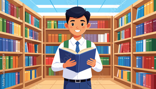 Young man reading a book in a library with colorful bookshelves.