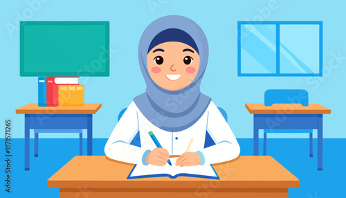 Young Muslim woman studying in a classroom with a hijab and writing in a notebook.