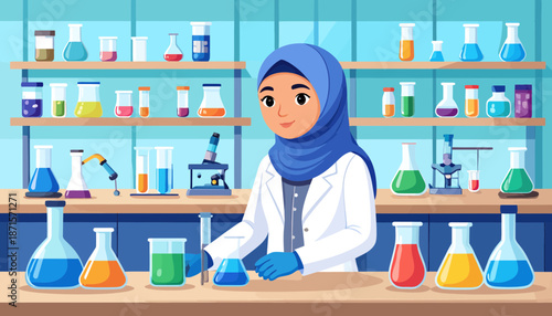 Female scientist in hijab conducting an experiment in a laboratory setting.