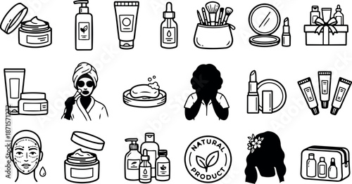 Line art close up cosmetic icon set showing skincare and makeup items arranged in grid with spa woman silhouettes, minimal look