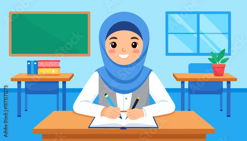 Muslim girl student writing at desk in classroom.