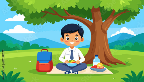 A young boy having a picnic under a tree in a park.