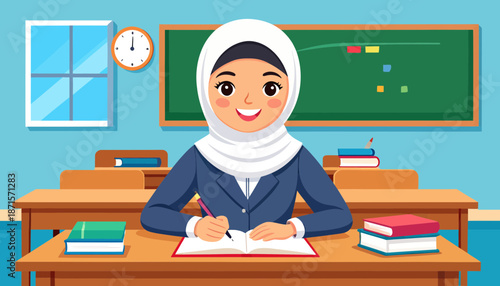 Young Muslim girl in hijab studying at school desk with books and blackboard.