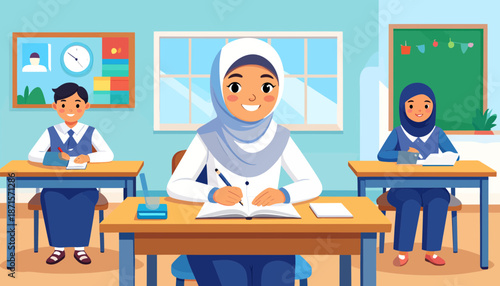 Muslim girls wearing hijab studying in a classroom together.