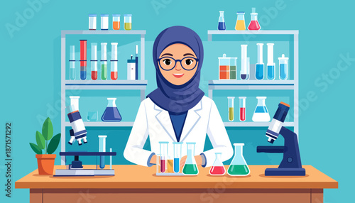 Female scientist working in a laboratory with various equipment and chemicals.