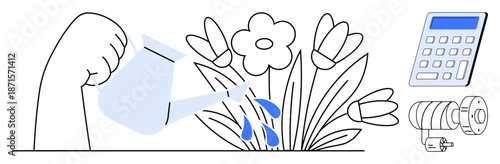 Environmental sustainability, energy efficiency, resource management, eco-friendly technology, financial planning, ecological care. Watering can pouring water onto flowers with a calculator
