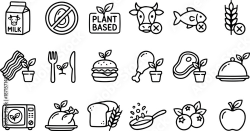 Line art plant based food icon set showing milk meat fish crossed out with vegan alternatives and kitchen utensils minimal