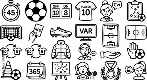 Line art icon set close up of soccer equipment and tactics icons arranged in grid for sports coaching and branding illustration